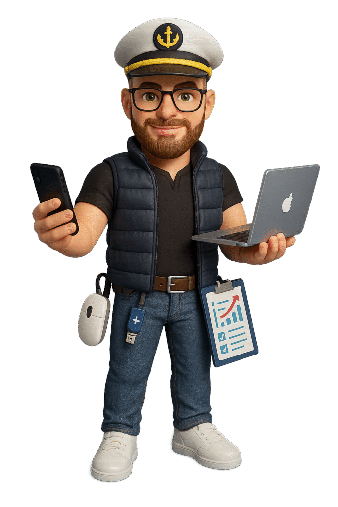 a cartoon character holding a laptop and a phone UX DESIGNER / chef de projet digital / chef de projet it